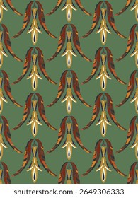 Seamless floral pattern with stylized decorative flowers and leaves in folk art style. Vintage ornamental print inspired by traditional motifs. Perfect for textiles, wallpapers, and stationery.