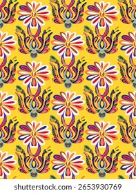 Seamless floral pattern with stylized decorative flowers and leaves in folk art style. Vintage ornamental print inspired by traditional motifs. Scandinavian style, ethnic motifs

