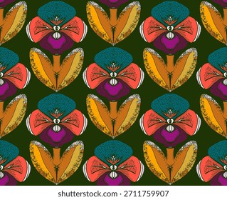 Seamless floral pattern with stylized decorative flowers and leaves in folk art style. Vintage ornamental print inspired by traditional motifs. Scandinavian style, ethnic motifs
