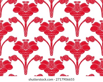 Patrón floral sin fisuras con flores y hojas decorativas estilizadas en estilo de arte popular. Estampado ornamental de Antiguas inspirado en motivos tradicionales. Perfecto para textiles, Fondos de pantalla y papelería.