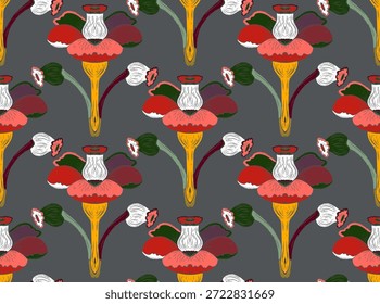 Seamless floral pattern with stylized decorative flowers and leaves in folk art style. Vintage ornamental print inspired by traditional motifs. Perfect for textiles, wallpapers, and stationery.