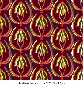 Nahtloses Blumenmuster mit stilisierten dekorativen Blumen und Blättern im Volkskunststil. Vintage-Ornamentdruck, inspiriert von traditionellen Motiven. Perfekt für Textilien, Tapeten und Schreibwaren.