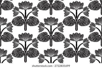 Nahtloses Blumenmuster mit stilisierten dekorativen Blumen und Blättern im Volkskunststil. Vintage-Ornamentdruck, inspiriert von traditionellen Motiven. Perfekt für Textilien, Tapeten und Schreibwaren.