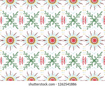 Seamless floral pattern. Stylized doodle flowers. Spanish ethnic embroidery. Folk ornament. Solar sign. Mediterranean print. Indian Oriental or Turkish textiles.  Boho wallpaper. Hipster  art.