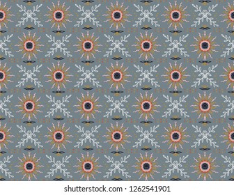 Seamless floral pattern. Stylized doodle flowers. Spanish ethnic embroidery. Folk ornament. Solar sign. Mediterranean print. Indian Oriental or Turkish textiles.  Boho wallpaper. Hipster  art.
