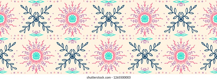 Seamless floral pattern. Stylized doodle flowers. Spanish ethnic embroidery. Folk ornament. Solar sign. Mediterranean print. Indian Oriental or Turkish textiles.  Boho wallpaper. Hipster  art.