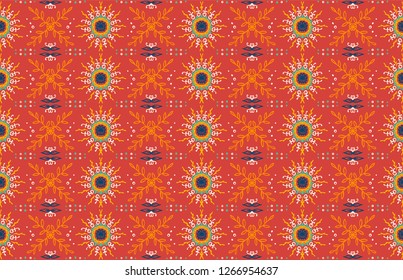 Seamless floral pattern. Stylized doodle flowers. Spanish ethnic embroidery. Folk ornament. Solar sign. Mediterranean print. Indian Oriental or Turkish textiles.  Boho wallpaper. Hipster  art.