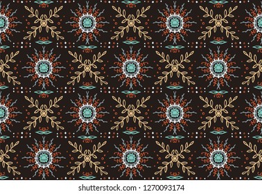 Seamless floral pattern. Stylized doodle flowers. Spanish ethnic embroidery. Folk ornament. Solar sign. Mediterranean print. Indian Oriental or Turkish textiles.  Boho wallpaper. Hipster  art.