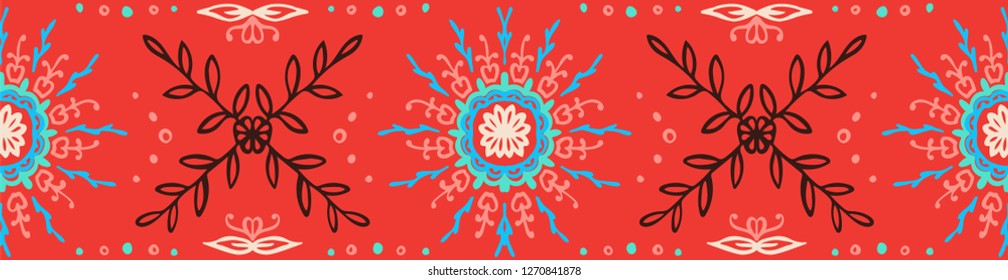 Seamless floral pattern. Stylized doodle flowers. Spanish ethnic embroidery. Folk ornament. Solar sign. Mediterranean print. Indian Oriental or Turkish textiles.  Boho wallpaper. Hipster  art.