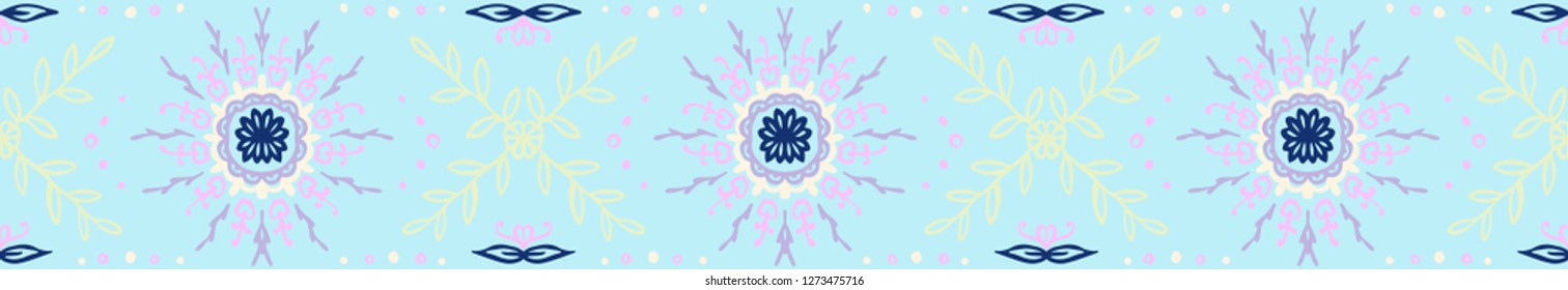 Seamless floral pattern. Stylized doodle flowers. Spanish ethnic embroidery. Folk ornament. Solar sign. Mediterranean print. Indian Oriental or Turkish textiles. Boho wallpaper. Hipster art.