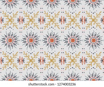 Seamless floral pattern. Stylized doodle flowers. Spanish ethnic embroidery. Folk ornament. Solar sign. Mediterranean print. Indian Oriental or Turkish textiles.  Boho wallpaper. Hipster  art.