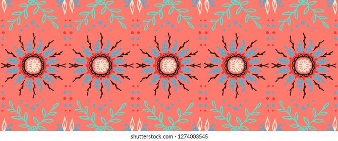 Seamless floral pattern. Stylized doodle flowers. Spanish ethnic embroidery. Folk ornament. Solar sign. Mediterranean print. Indian Oriental or Turkish textiles.  Boho wallpaper. Hipster  art.