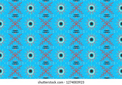 Seamless floral pattern. Stylized doodle flowers. Spanish ethnic embroidery. Folk ornament. Solar sign. Mediterranean print. Indian Oriental or Turkish textiles.  Boho wallpaper. Hipster  art.