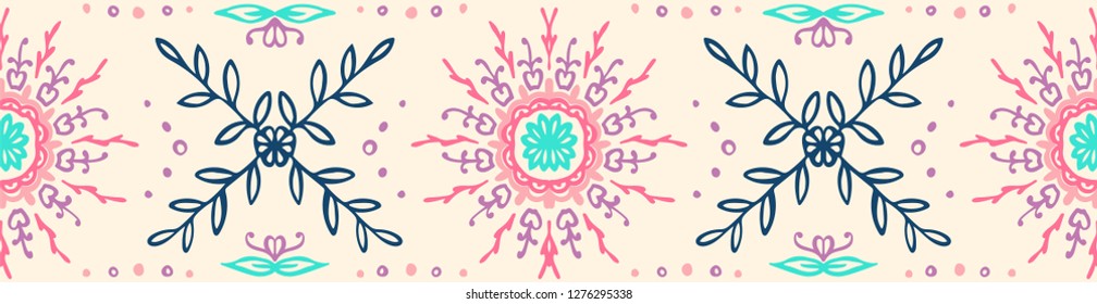 Seamless floral pattern. Stylized doodle flowers. Spanish ethnic embroidery. Folk ornament. Solar sign. Mediterranean print. Indian Oriental or Turkish textiles.  Boho wallpaper. Hipster  art.