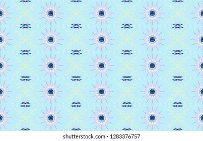 Seamless floral pattern. Stylized doodle flowers. Spanish ethnic embroidery. Folk ornament. Solar sign. Mediterranean print. Indian Oriental or Turkish textiles.  Boho wallpaper. Hipster  art.