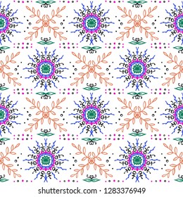Seamless floral pattern. Stylized doodle flowers. Spanish ethnic embroidery. Folk ornament. Solar sign. Mediterranean print. Indian Oriental or Turkish textiles.  Boho wallpaper. Hipster  art.