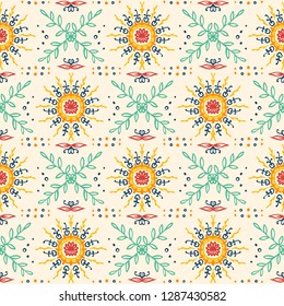 Seamless floral pattern. Stylized doodle flowers. Spanish ethnic embroidery. Folk ornament. Solar sign. Mediterranean print. Indian Oriental or Turkish textiles. Boho wallpaper. Hipster art.