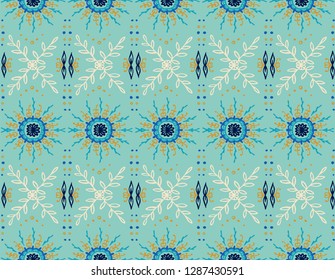 Seamless floral pattern. Stylized doodle flowers. Spanish ethnic embroidery. Folk ornament. Solar sign. Mediterranean print. Indian Oriental or Turkish textiles. Boho wallpaper. Hipster art.