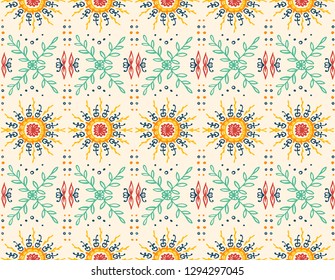 Seamless floral pattern. Stylized doodle flowers. Spanish ethnic embroidery. Folk ornament. Solar sign. Mediterranean print. Indian Oriental or Turkish textiles.  Boho wallpaper. Hipster  art.
