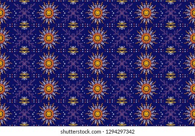 Seamless floral pattern. Stylized doodle flowers. Spanish ethnic embroidery. Folk ornament. Solar sign. Mediterranean print. Indian Oriental or Turkish textiles.  Boho wallpaper. Hipster  art.