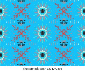Seamless floral pattern. Stylized doodle flowers. Spanish ethnic embroidery. Folk ornament. Solar sign. Mediterranean print. Indian Oriental or Turkish textiles.  Boho wallpaper. Hipster  art.