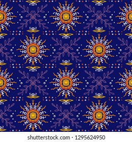 Seamless floral pattern. Stylized doodle flowers. Spanish ethnic embroidery. Folk ornament. Solar sign. Mediterranean print. Indian Oriental or Turkish textiles.  Boho wallpaper. Hipster  art.