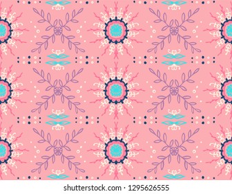 Seamless floral pattern. Stylized doodle flowers. Spanish ethnic embroidery. Folk ornament. Solar sign. Mediterranean print. Indian Oriental or Turkish textiles.  Boho wallpaper. Hipster  art.