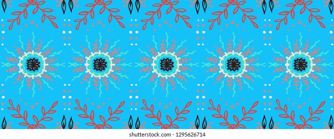 Seamless floral pattern. Stylized doodle flowers. Spanish ethnic embroidery. Folk ornament. Solar sign. Mediterranean print. Indian Oriental or Turkish textiles.  Boho wallpaper. Hipster  art.
