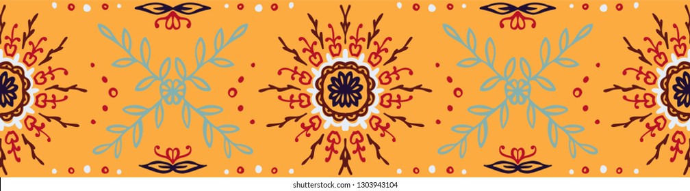 Seamless floral pattern. Stylized doodle flowers. Spanish ethnic embroidery. Folk ornament. Solar sign. Mediterranean print. Indian Oriental or Turkish textiles. Boho wallpaper. Hipster art.