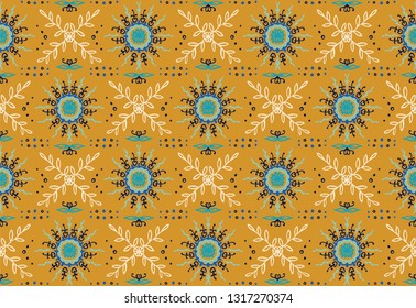 Seamless floral pattern. Stylized doodle flowers. Spanish ethnic embroidery. Folk ornament. Solar sign. Mediterranean print. Indian Oriental or Turkish textiles.  Boho wallpaper. Hipster  art.