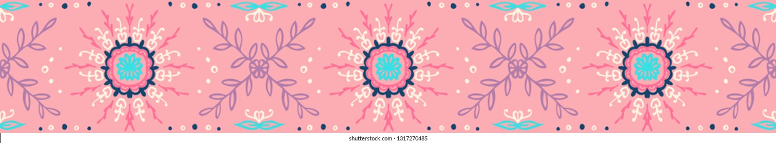 Seamless floral pattern. Stylized doodle flowers. Spanish ethnic embroidery. Folk ornament. Solar sign. Mediterranean print. Indian Oriental or Turkish textiles.  Boho wallpaper. Hipster  art.
