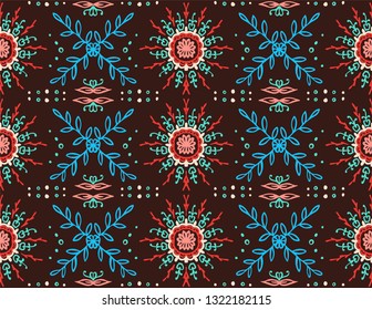 Seamless floral pattern. Stylized doodle flowers. Spanish ethnic embroidery. Folk ornament. Solar sign. Mediterranean print. Indian Oriental or Turkish textiles.  Boho wallpaper. Hipster  art.