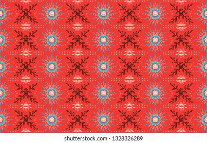 Seamless floral pattern. Stylized doodle flowers. Spanish ethnic embroidery. Folk ornament. Solar sign. Mediterranean print. Indian Oriental or Turkish textiles.  Boho wallpaper. Hipster  art.
