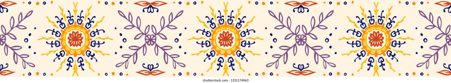 Seamless floral pattern. Stylized doodle flowers. Spanish ethnic embroidery. Folk ornament. Solar sign. Mediterranean print. Indian Oriental or Turkish textiles.  Boho wallpaper. Hipster  art.