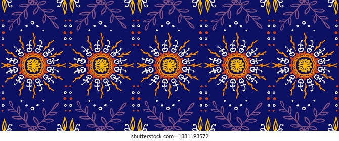 Seamless floral pattern. Stylized doodle flowers. Spanish ethnic embroidery. Folk ornament. Solar sign. Mediterranean print. Indian Oriental or Turkish textiles.  Boho wallpaper. Hipster  art.