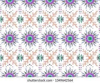 Seamless floral pattern. Stylized doodle flowers. Spanish ethnic embroidery. Folk ornament. Solar sign. Mediterranean print. Indian Oriental or Turkish textiles.  Boho wallpaper. Hipster  art.