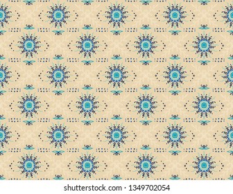 Seamless floral pattern. Stylized doodle flowers. Spanish ethnic embroidery. Folk ornament. Solar sign. Mediterranean print. Indian Oriental or Turkish textiles.  Boho wallpaper. Hipster  art.