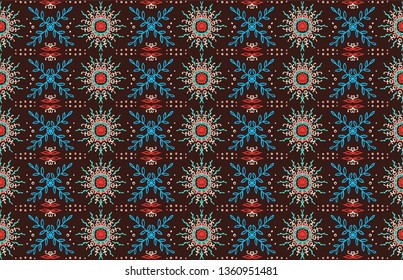 Seamless floral pattern. Stylized doodle flowers. Spanish ethnic embroidery. Folk ornament. Solar sign. Mediterranean print. Indian Oriental or Turkish textiles.  Boho wallpaper. Hipster  art.