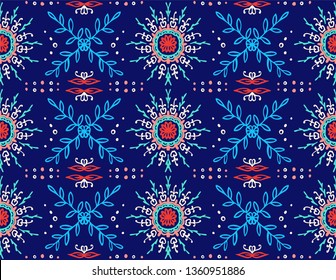 Seamless floral pattern. Stylized doodle flowers. Spanish ethnic embroidery. Folk ornament. Solar sign. Mediterranean print. Indian Oriental or Turkish textiles.  Boho wallpaper. Hipster  art.