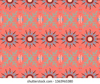 Seamless floral pattern. Stylized doodle flowers. Spanish ethnic embroidery. Folk ornament. Solar sign. Mediterranean print. Indian Oriental or Turkish textiles.  Boho wallpaper. Hipster  art.