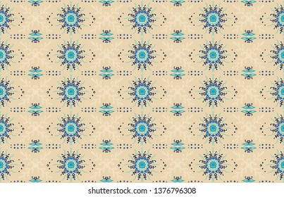 Seamless floral pattern. Stylized doodle flowers. Spanish ethnic embroidery. Folk ornament. Solar sign. Mediterranean print. Indian Oriental or Turkish textiles.  Boho wallpaper. Hipster  art.
