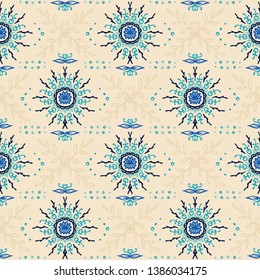 Seamless floral pattern. Stylized doodle flowers. Spanish ethnic embroidery. Folk ornament. Solar sign. Mediterranean print. Indian Oriental or Turkish textiles.  Boho wallpaper. Hipster  art.