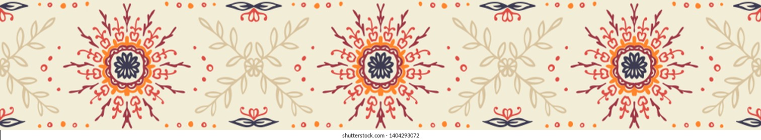 Seamless floral pattern. Stylized doodle flowers. Spanish ethnic embroidery. Folk ornament. Solar sign. Mediterranean print. Indian Oriental or Turkish textiles. Boho wallpaper. Hipster art.