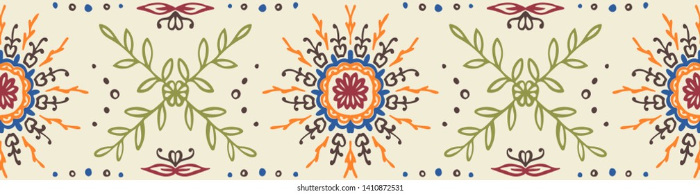 Seamless floral pattern. Stylized doodle flowers. Spanish ethnic embroidery. Folk ornament. Solar sign. Mediterranean print. Indian Oriental or Turkish textiles. Boho wallpaper. Hipster art.