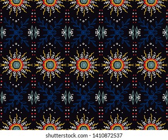Seamless floral pattern. Stylized doodle flowers. Spanish ethnic embroidery. Folk ornament. Solar sign. Mediterranean print. Indian Oriental or Turkish textiles. Boho wallpaper. Hipster art.