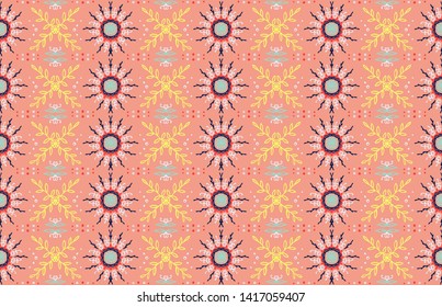 Seamless floral pattern. Stylized doodle flowers. Spanish ethnic embroidery. Folk ornament. Solar sign. Mediterranean print. Indian Oriental or Turkish textiles. Boho wallpaper. Hipster art.