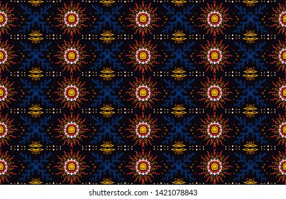 Seamless floral pattern. Stylized doodle flowers. Spanish ethnic embroidery. Folk ornament. Solar sign. Mediterranean print. Indian Oriental or Turkish textiles. Boho wallpaper. Hipster art.