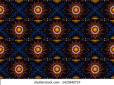 Seamless floral pattern. Stylized doodle flowers. Spanish ethnic embroidery. Folk ornament. Solar sign. Mediterranean print. Indian Oriental or Turkish textiles. Boho wallpaper. Hipster art.