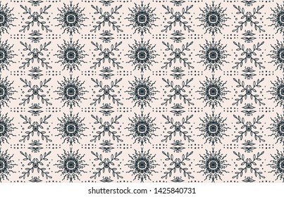 Seamless floral pattern. Stylized doodle flowers. Spanish ethnic embroidery. Folk ornament. Solar sign. Mediterranean print. Indian Oriental or Turkish textiles. Boho wallpaper. Hipster art.