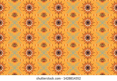 Seamless floral pattern. Stylized doodle flowers. Spanish ethnic embroidery. Folk ornament. Solar sign. Mediterranean print. Indian Oriental or Turkish textiles. Boho wallpaper. Hipster art.